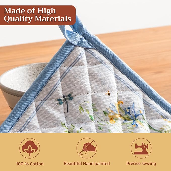 Maison d' Hermine Pot Holders 100% Cotton Heat Resistant Potholders 8" x 8" Hot Pads with Loop BBQ Cooking Baking Gifts for Mothers Day Handling Hot Pans Spring/Summer (Pack of 2, Fleurs De Mai)
