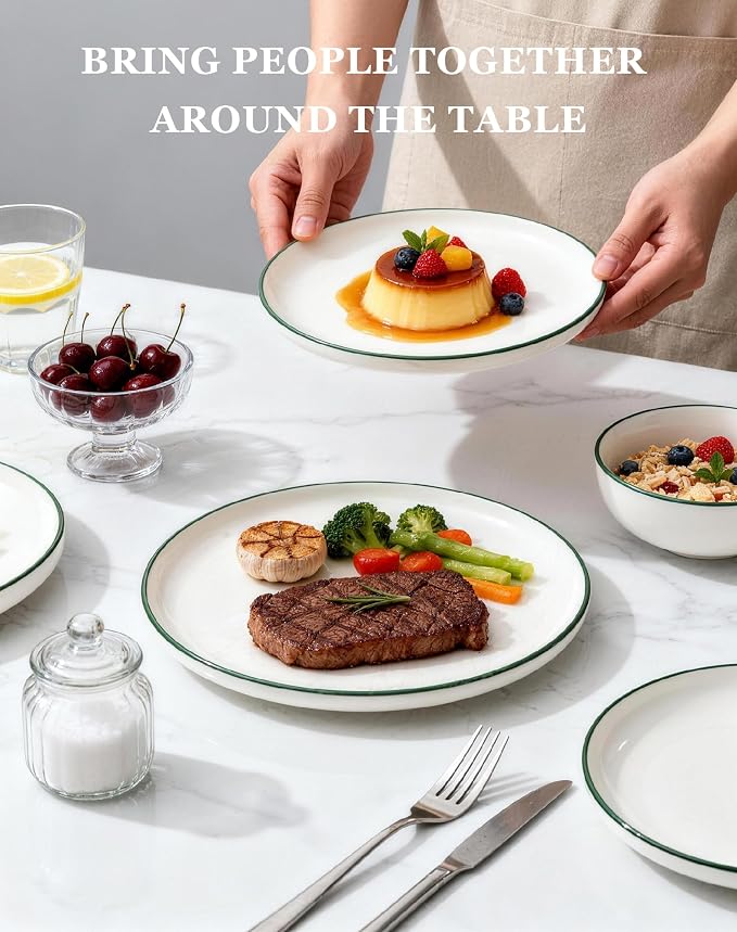 OTAGO 24-Piece Porcelain Dinnerware Set for 6 with Mugs, White Stoneware Plates and Bowls Sets, Ceramic Dish Set for Kitchen, Dinner & Dining, Green Rim, Microwave & Dishwasher Safe
