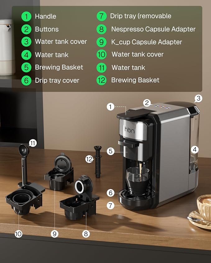 HBN 3-in-1 for Nespresso Capsule & K-Cup Pods & Ground Coffee Multi Coffee Maker Single Serve, 19Bar Programmable One-Touch Brewing Espresso Machine, 20oz Removable Water Tank, 1450W Fast Heat