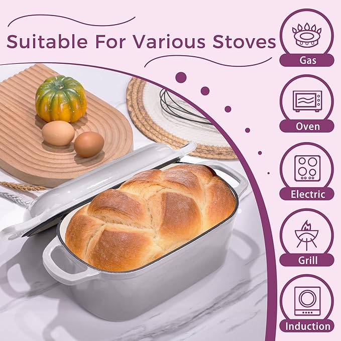 4.6-Quart Oval Dutch Oven for Bread Baking, 2 in 1 Cast Iron Bread Pan with Lid, Sourdough Baking Pan for a Crispy Crust, Oyster Grey