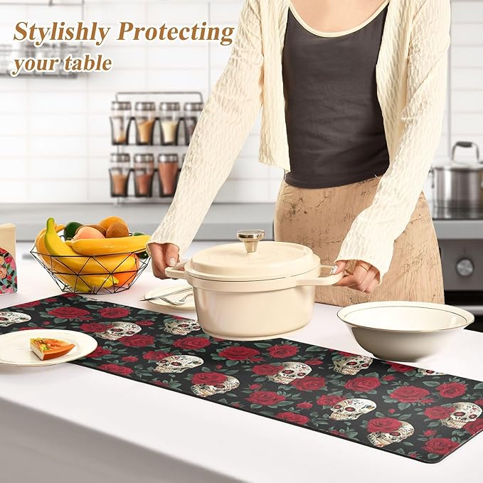 2 in 1 Table Runner Trivet for Hot Pots and Pans Heat Resistant Non Slip Waterproof 39 x 12 Inch Decorative Table Protector for Kitchen Countertop Mexico Skull Rose Flowers Red