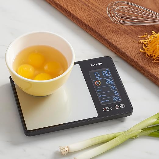 Taylor 5340117 Smart Food Scale with Precision Hub App, Digital Kitchen Scale for Macro Tracking and Calorie Logging, 11 lb Capacity, Measures Grams, Ounces & Liquids, Batteries Included