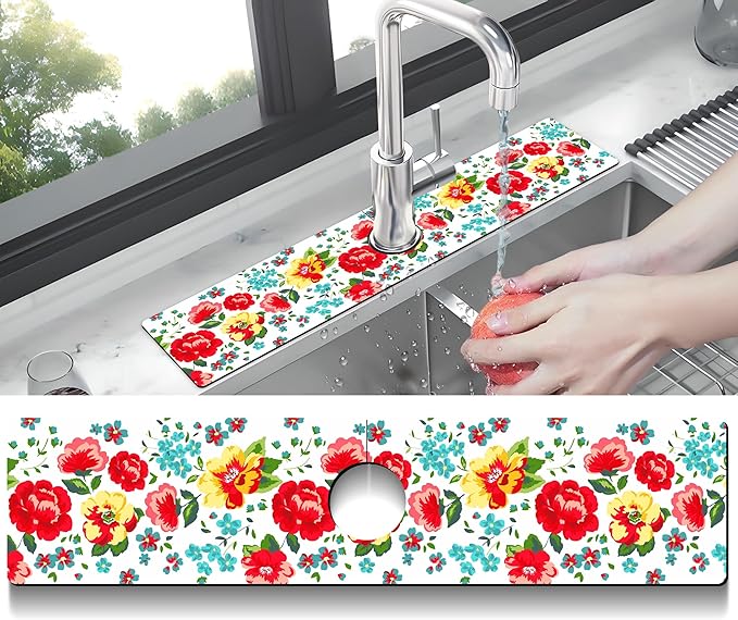 Kitchen Sink Splash Guard Faucet Mat Super Absorbent Fast Drying Mat Sink Gadgets Splash Guard Behind Faucet Drip Catcher for Kitchen (Beautiful Flower, 23.5x5.5in)