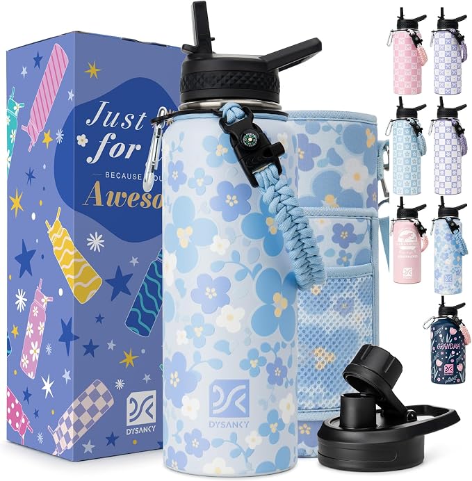 DYSANKY Insulated Water Bottle Gift– Stainless Steel Bottle with Carrier Bag, Strap & Gift Box – BPA-Free – Ideal for Hiking, Camping & Travel - Blue Flower 40 oz