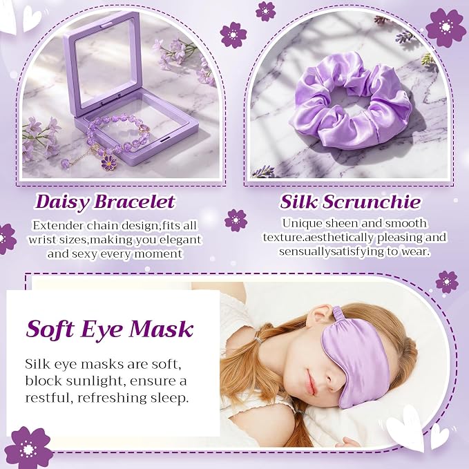 Vesici 73 Pcs Spa Sleepover Party Supplies Bulk Women 8 Sets Slumber Birthday Bridesmaid Gift Crochet Flower Glass Cup Eye Mask Hair Ties Gift Bag Bracelets Scrunchies Headband(Cherry Blossoms,Purple)