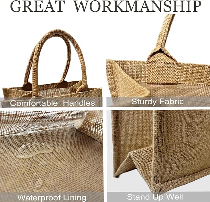6 Pack Burlap Tote Bags with Handles Reusable Small Jute Gift Bags with Dark Green Silk Ribbons Waterproof Lining for Wedding Bridesmaid Mother's Day Bachelorette Beach Party