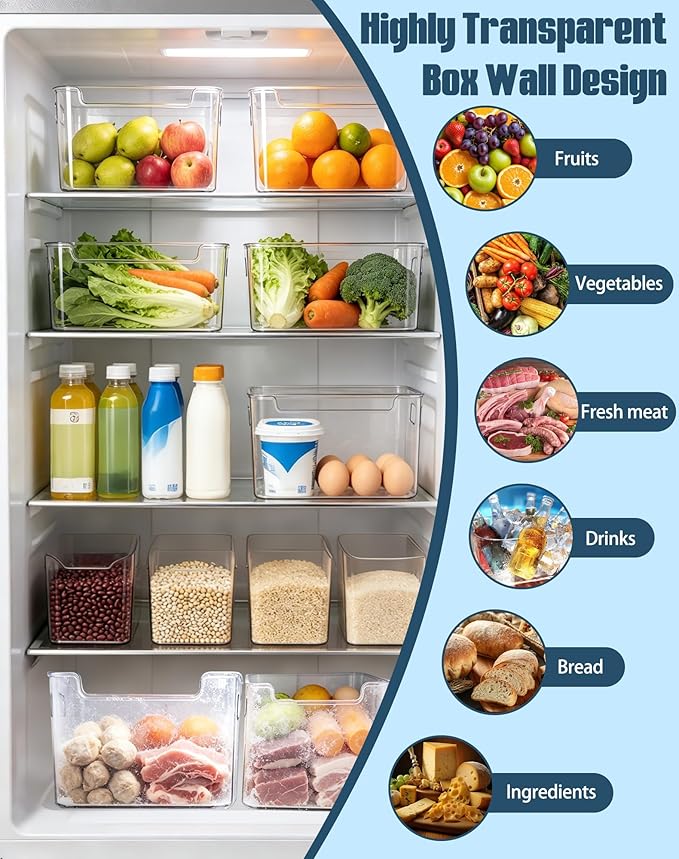 Crystal Clear Freezer Storage Bins - 8 Pack Clear Plastic Bins for Refrigerator and Pantry, Stackable Kitchen Cabinet Organizer with Handles for Frozen Food, Meat & Veggies (8PCS S)