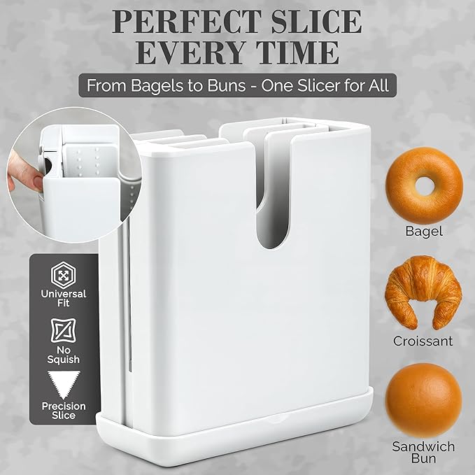 Bagel Cutter Slicer – Precision Bagel Slicer with Auto-Center Holder – Compact 7-Inch Space-Saving Design for Even Cutting Large and Small Bread at Home or Café Kitchen-White – 2nd GENERATION