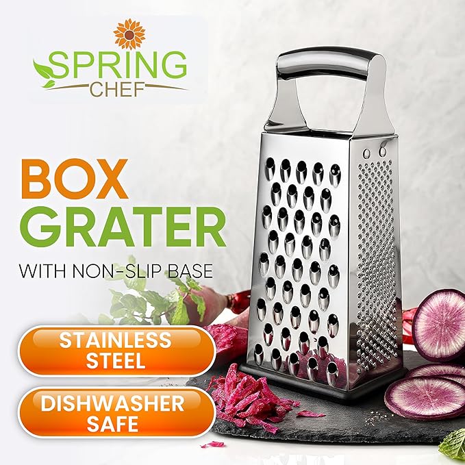 Spring Chef Magnetic Measuring Cups & Spoons Set of 15 with Leveler, Black & Stainless Steel Large Box Grater with Handle - 2 Product Bundle