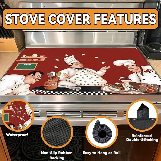 Decorative Stove Top Covers for Electric Stove 28"x20" – Heat Resistant Glass Cooktop Protector Dish Drying Mat – Non-Slip Rubber Backing Washer Top Cover Waterproof Extra Counter Space (Chef)