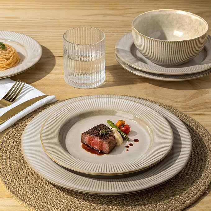GBHOME Ceramic Dinnerware Sets,12 pcs Embossed Elegant Stoneware Plates and Bowls Sets, Housewarming Wedding Gift | Dishwasher & Microwave Safe | Dishes Set Service for 4