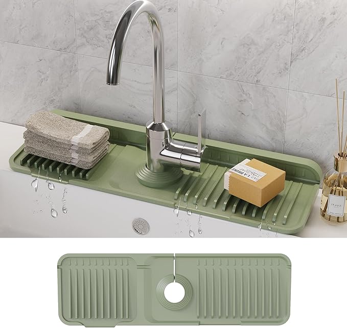 WAFT YEARN 17X5 Inch Silicone Durable Faucet Mat Kitchen Sink Splash Guard Draining Protector Tray Liner Absorbent Protective Counter Accessories For Sink Kitchen Bathroom Laundry Room Bar & RV Green