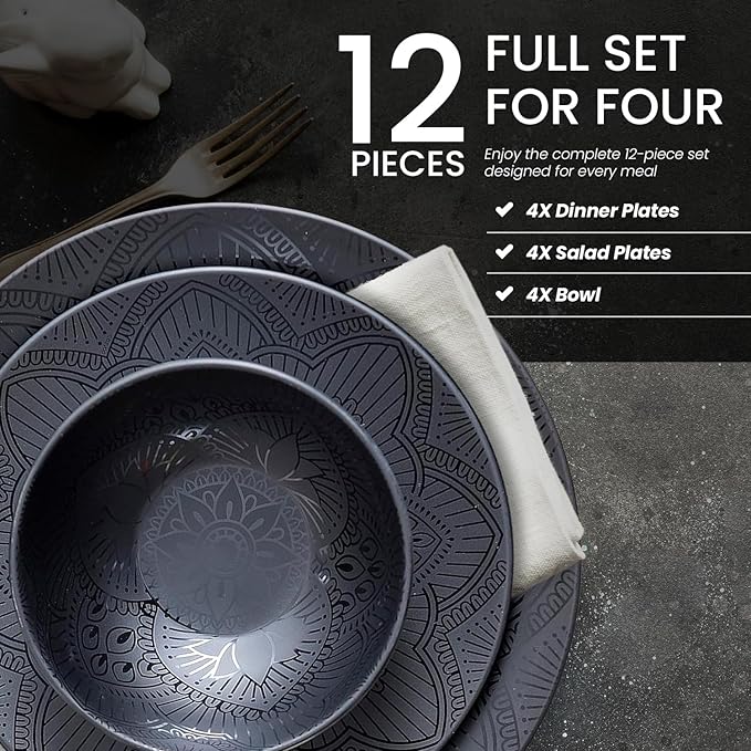 bzyoo 12 Piece Black Melamine Dinnerware Set - Durable, Dishwasher Safe Black Plates and Bowls - Ideals for Parties, Camping Dish Set La La Mandala