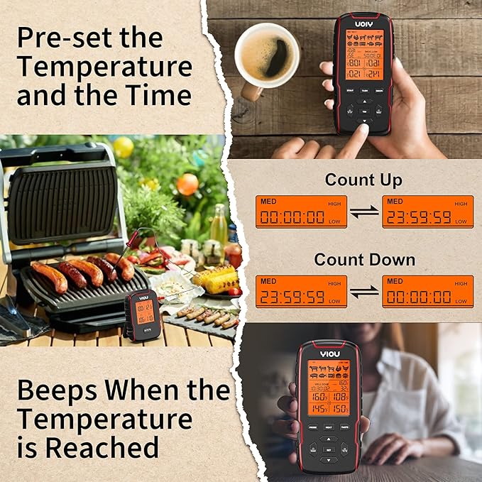 YIOU Wireless Meat Thermometer for Cooking, Digital Meat Thermometer with 4 Probes, 500FT Ultra Accurate & Fast Food Thermometer for Oven, Smoker, Warm Red