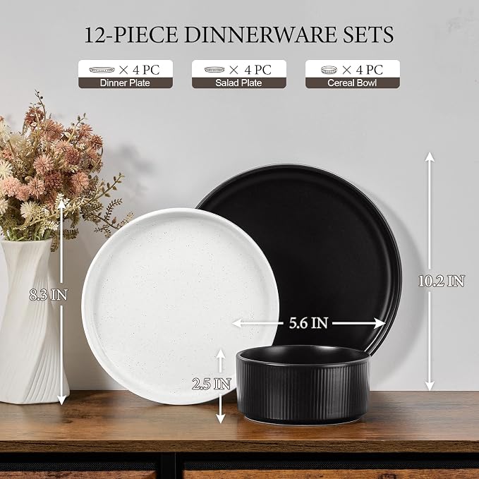 E-far 12-Piece Plates and Bowls Sets, Stoneware Dinnerware Dishes Sets for 4, Chip & Scratch Resistant Ribbed Dish Set for Home Restaurant, Microwave & Dishwasher Safe Speckled White & Matte Black