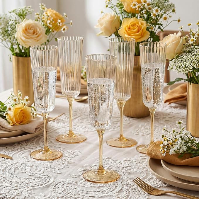 Jingmore 12 Pcs Plastic Ribbed Champagne Flutes With Stem, 6.4 oz Clear Vintage Disposable Vintage Glasses for Wedding Birthday Anniversary (Gold)