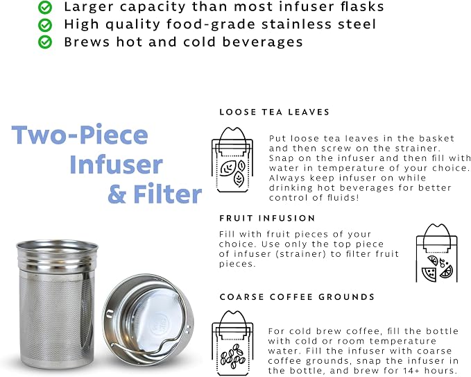 London Sip 25 oz Multi-Function Travel Mug and Tumbler Tea Infuser Water Bottle Fruit Infuser Flask Hot and Cold Double Wall Stainless Steel Coffee Thermos, Cosmic Silver