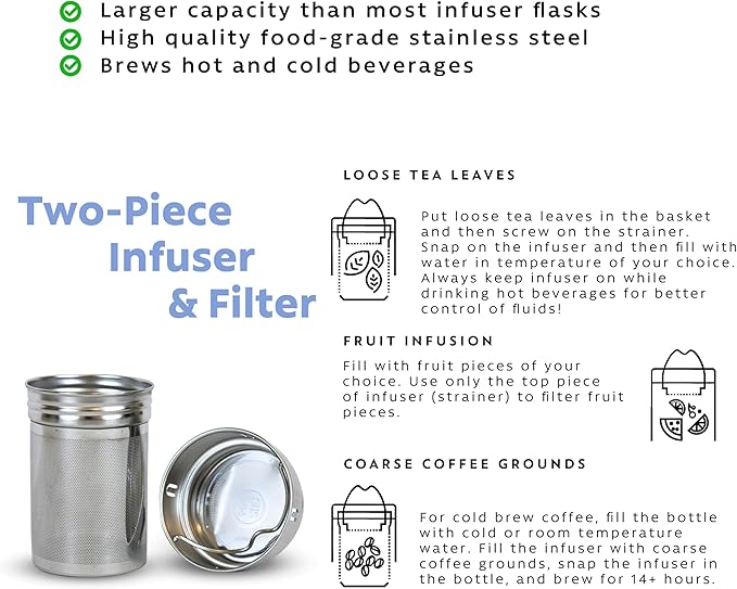 London Sip 25 oz Multi-Function Travel Mug and Tumbler Tea Infuser Water Bottle Fruit Infuser Flask Hot and Cold Double Wall Stainless Steel Coffee Thermos, Zen Black