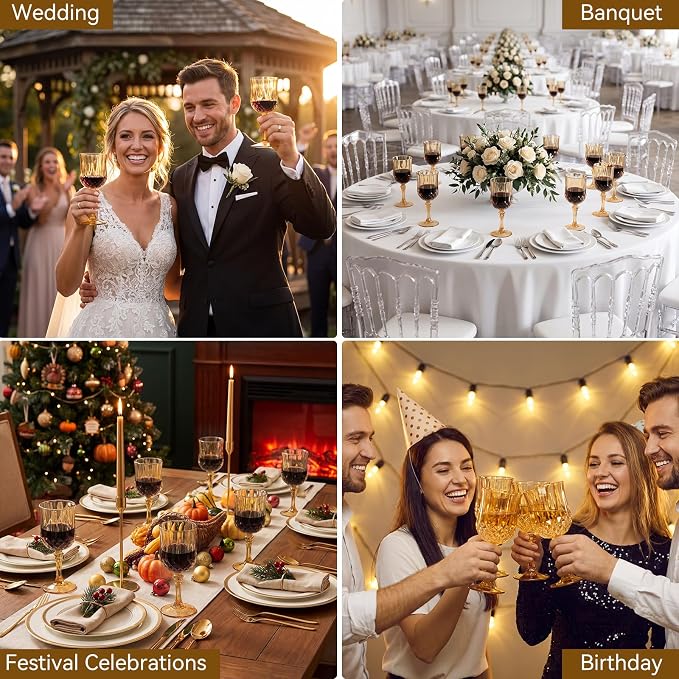 Sliner 48 Pcs 7oz Plastic Vintage Wine Glasses Drinking Goblets Unbreakable Crystal Water Glassware Reusable Diamond Champagne Flutes Cups for Wedding Banquet Birthday Party Supplies (Gold)