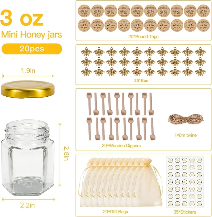 3 oz Mini Glass Honey Jars | 20-Pack Honey Jars with Wood Dippers, Gold Lids, Gift Bags, Bee Charms, Labels, Tags, Twine | Perfect for Baby Shower Party Favors, Wedding Favors, Bridal Showers