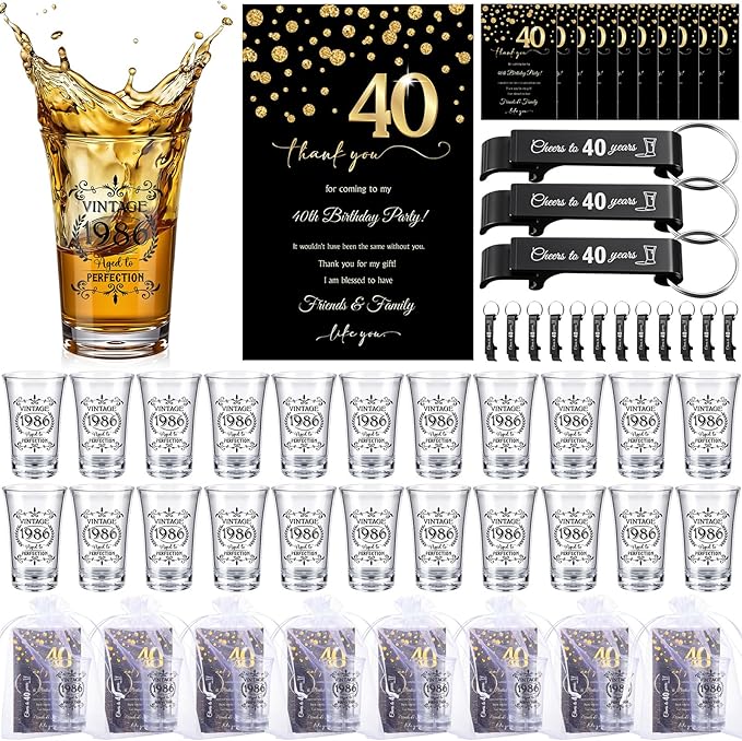 LemonRoad 50 Set 40th Birthday Party Favor for Guest Bulk, 1.4 oz Plastic Shot Glasses Cup, Cheers to 40/50/60/70/80 Years Beer Bottle Opener Keychain Thank You Card Gift Bag for Souvenir Party Gift