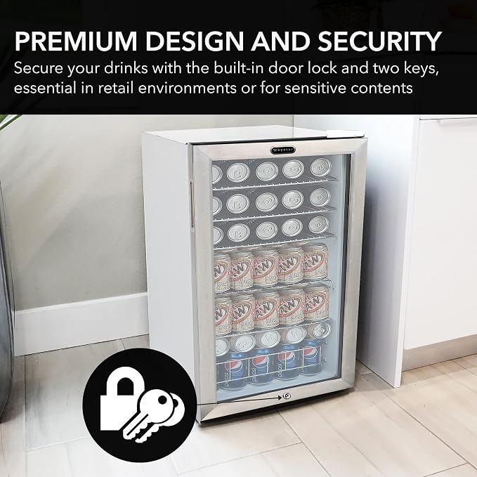 Whynter Beverage Refrigerator with Double-Layer Glass Door, 127-Can 3.1 Cu. Ft. Drink Mini Fridge with Lock, BR-128WS, Stainless Steel