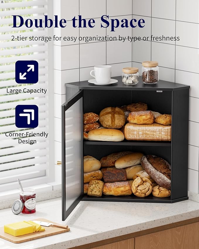 Kitsure Bread Box - 2-Tier Corner Bread Box for Kitchen Countertop with Magnetic Acrylic Door, Bamboo Kitchen Counter Organizer for Snacks, Loaves, Homemade Bread Storage, Black, 16.5" H