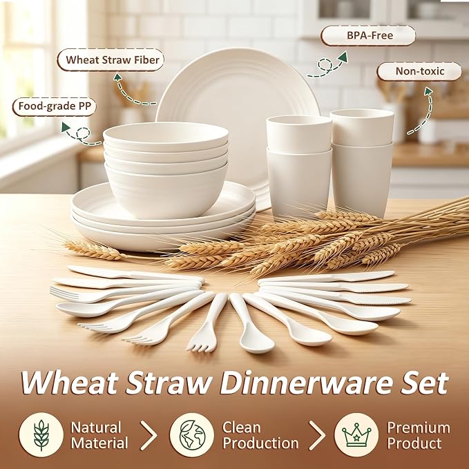 Dishes Set for 4, Wheat Straw Plate and Bowl Set, Unbreakable Kids Dinnerware Set 24 Piece, Microwave and Dishwahser Safe Dishware sets for Apartment, Kitchen, Camping, Dorm - White
