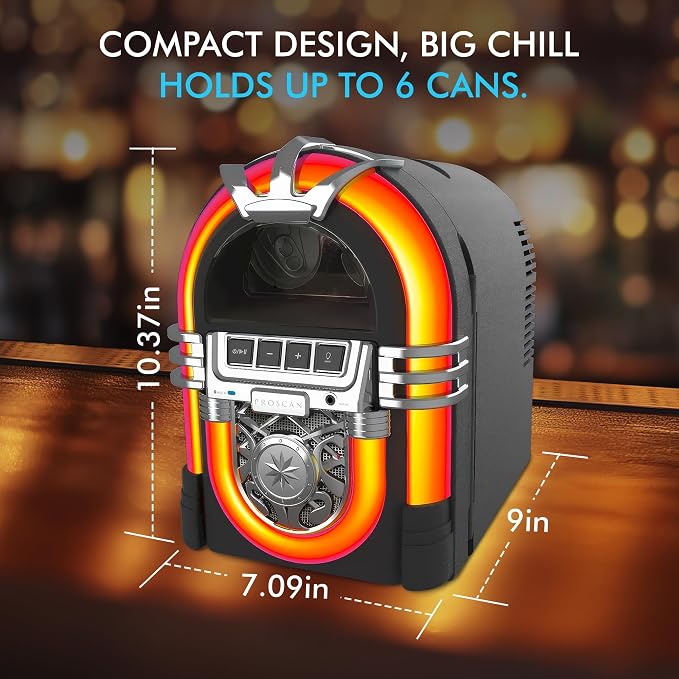 PROSCAN 6-Can Mini Personal Fridge Cooler, Built In Portable Speaker Jukebox Design – Home, Office or Dorm, Bluetooth Beverage Cooler with Removable Shelf – AC and Car Dual Power Cords