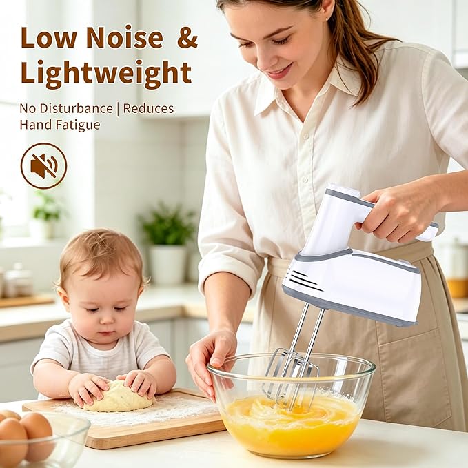 binROC Cordless Electric Hand Mixer, 12-Speed Rechargeable Handheld Mixer with Eject Button, 6 Stainless Steel Attachments, Snap-On Storage Case, LED, Self-Stand for Baking, Cake, Dough, Egg (White)