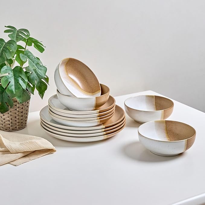 Sango 12 Pieces Stoneware Dinnerware Set, Glossy Caramel & Cream Dishes for 4, Premium Plates and Bowls Sets, Chip & Scratch Resistant, Ceramic Kitchen Dish Set, Microwave & Dishwasher Safe, Phoebe