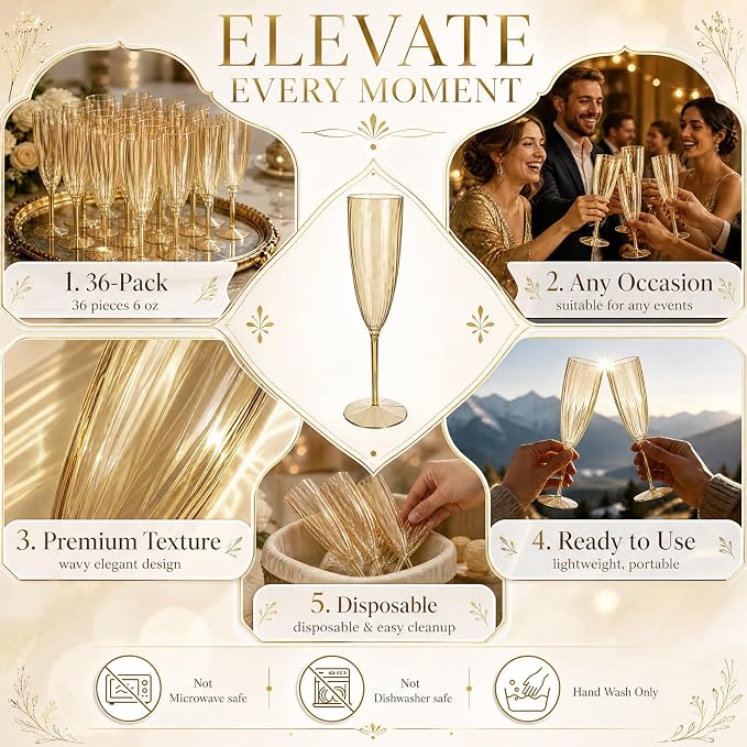 WDF 36PCS Brown Champagne Flutes Plastic - 6 OZ Disposable Champagne Flutes for Wedding/Birthday/Parties/Brindis