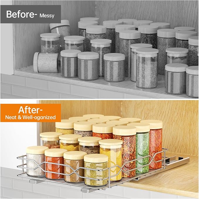 Pull Out Spice Rack Organizer for Cabinet, Slide Out Spice Organization for Cabinet Storage for Spices, Bottles & Jars, Sliding Spice Shelf for Narrow Kitchen Cabinets, Pantry, 8.5"W x 10.5"D x 2.5"H