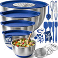 Priority Chef Stainless Steel Mixing Bowls with Lids Set, Metal Nesting Bowls with Airtight Lids, Graters, Non-Slip Base & Measurement Marks, Includes Utensil Set for Prep, Baking & Storage, Blue