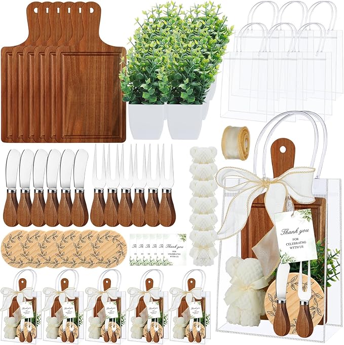 Honeydak 49 Pcs Baby Shower Prizes for Game Players 6 Set Cheese Board Fork Knives Coaster Towel Artificial Potted Plant Thanks Card Gift Bag for Baby Bridal Shower Wedding Favors (Acacia Wood)
