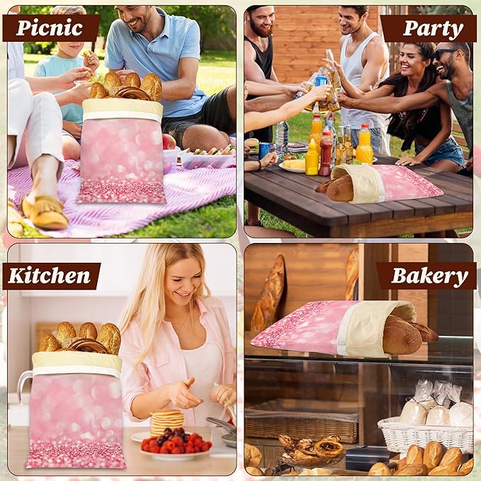 Bread Bags for Homemade Bread, Pink Glitter 2 Pack Linen and Beeswax Sourdough Storage Bags, Reusable Keeper, Keeps Breads Fresh Longer, Gifts for Bakers