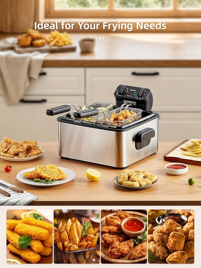 Reemix 4.5L Electric Deep Fryer with 3 Stainless Steel Baskets, 1700W, 2 x 2-Qt and 1 x 4-Qt Baskets, Viewing Window, Adjustable Timer and Temperature up to 400°F, Breakaway Cord