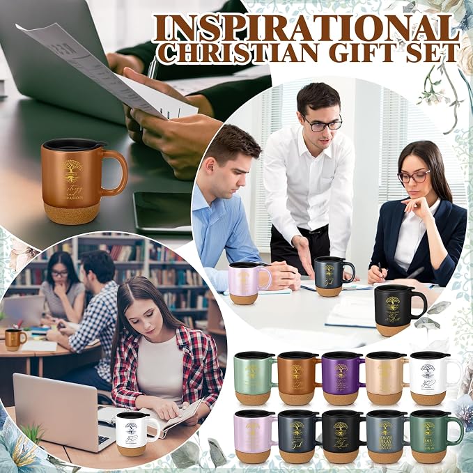 Jingmore 10 Pcs Christian Gift Bulk Religious Mugs with Bible Verse Coffee Cup 15oz for Teacher Nurse Women Men Church Member Employee Mom Dad Clergy Pastor(English Tree of Life)