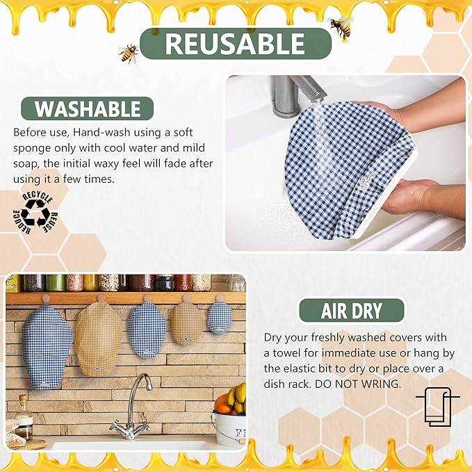 Beeswax Bowl Covers Set of 5 (XS–XL) – Reusable Elastic Food Covers for Bowls – Organic Cotton with Beeswax, Washable & Plastic-Free | Li’l Things – Checkered Plaid