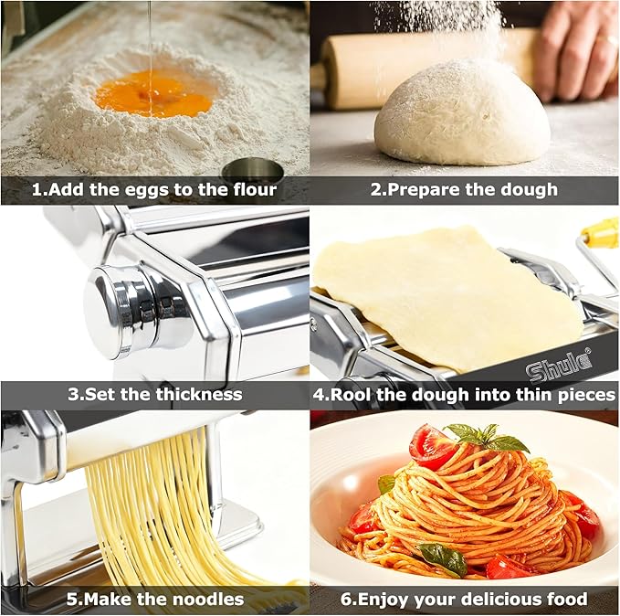 Pasta Maker Machine With 7 Adjustable Thickness Settings, Stainless Steel Manual Noodle Maker,Pasta Roller& Cutters With Removable Handle and Clamp For Kitchen