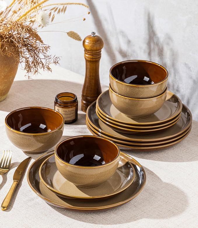 LERATIO Ceramic Dinnerware Sets for 4, 12 Pieces Ceramic Plates and Bowls Sets, Scratch Resistant Dish Set, Oven, Microwave & Dishwasher Safe- Chestnut