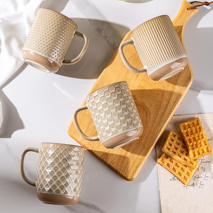 GBhome 12oz Coffee Mugs Set of 4, Handmade Stoneware Coffee Mugs Set with Large Handle for Cappuccino/Latte/Tea/Hot Cocoa, Dishwasher & Microwave Safe-Pale khaki