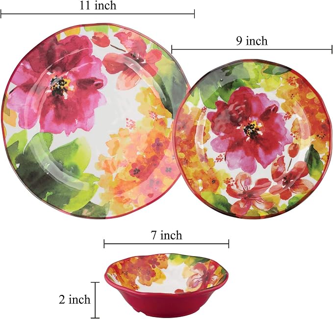 UPware 12 Piece Pink Floral Melamine Dinnerware Sets, Outdoor Dishes Set, Plates and Bowls Sets, Service for 4, Multicolor