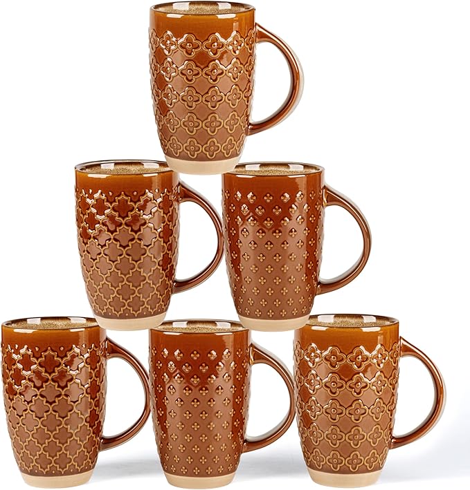 GBhome 20oz Large Coffee Mugs Set of 6, Handmade Tall Ceramic Coffee Mugs with Texture Patterns for Cappuccino, Latte,Hot Cocoa, Dishwasher & Microwave Safe
