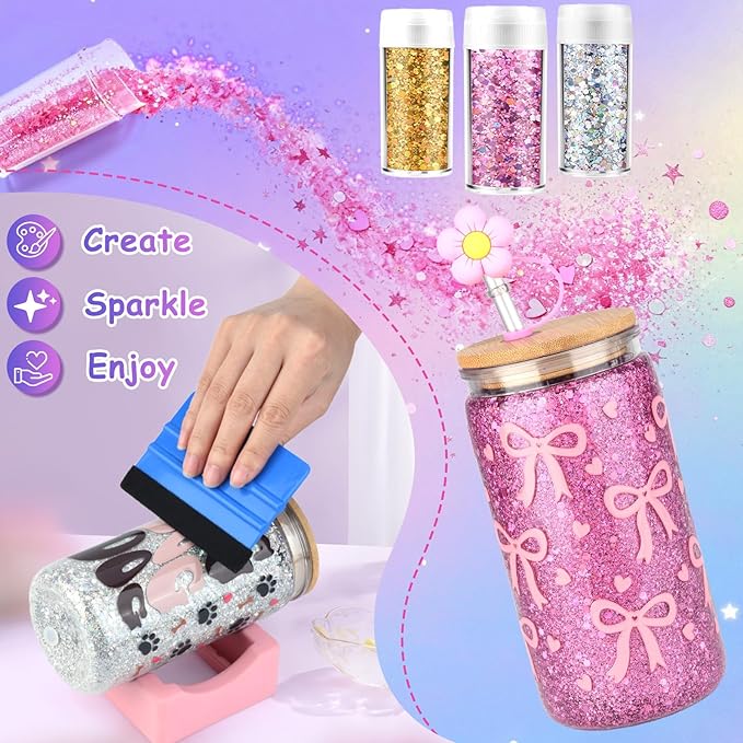 kiddgroo Snow Globe Tumbler Supplies ，16 Pcs DIY Glitter Snowglobe Cup Set– Includes 16oz Double-Wall Acrylic Tumbler, UV DTF Wraps, Craft Glitter, and DIY Tools