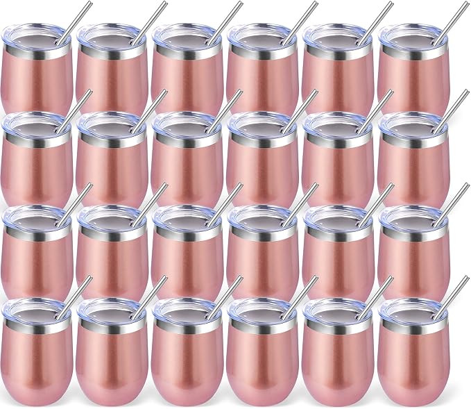 Volhoply 12oz Stainless Steel Wine Tumbler with Lid Bulk 24 Pack,Double Wall Vacuum Stemless Wine Glasses,Reusable Metal Travel Coffee Mug with Straw,Insulated Cup Gift for Christmas（Rose Gold,24 Set）