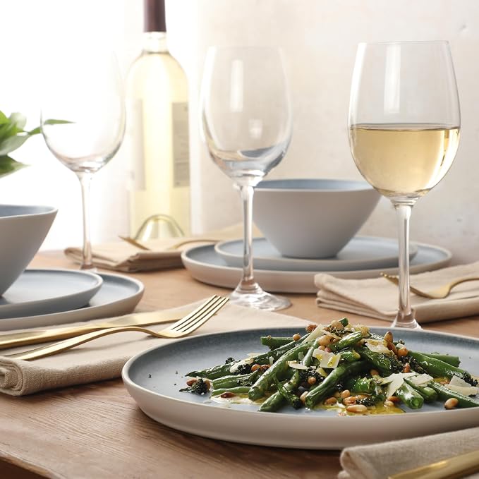 Gibson Elite Coastal Forest Plates and Bowls Sets, 12-Piece Stoneware Dinnerware Sets, Triple Reactive Glaze Dish Set - Blue and Cream White