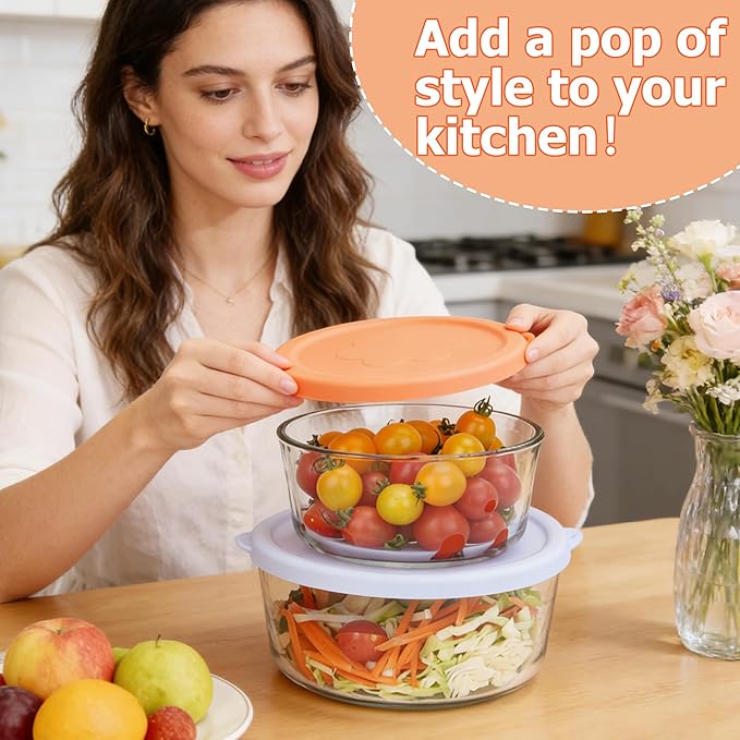 4 Cup 7 Cup Round Silicone Replacement Lids for Pyrex Glass Bowls, 4 Pack, Microwave & Dishwasher & Freezer Safe (Container not Included)
