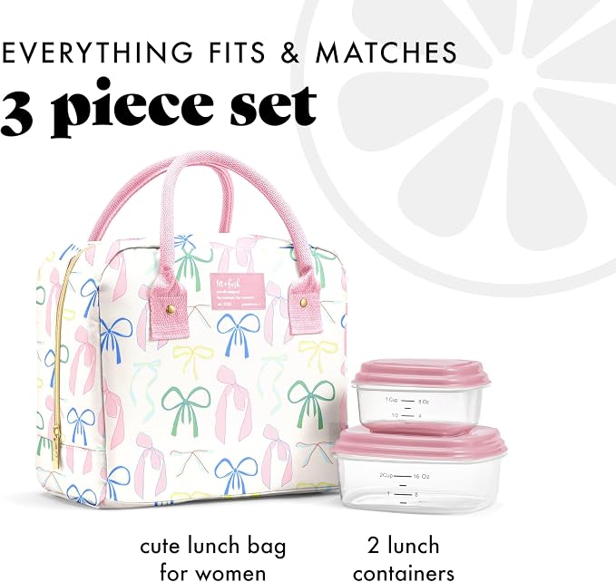 Fit & Fresh Bloomington Lunch Bag for Women - Insulated Large Lunch Box for Work with Containers, Leak-Resistant, Stain-Resistant, Zipper Closure, Pink Dainty Bows