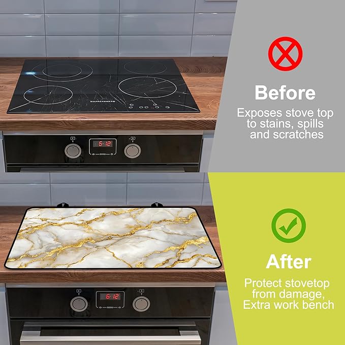 Glass stove top cover 28"x 20", Stove Top Covers for Electric Stove, Flat Range Mat for Glass Cooktop, Kitchen Heat-Resistant Protector Mat Non-Slip Drying Mat (Golden Marble Pattern)